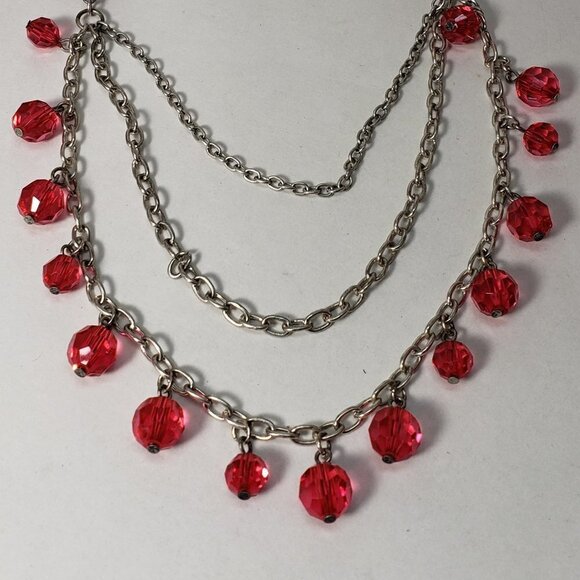 Women's Layered Silver tone & Pink Drop Beaded Necklace with Matching Earrings - Picture 4 of 6